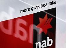 A National Australia Bank sign is reflected in the window of a shop front in Sydney 