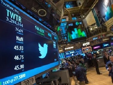 The Twitter logo is displayed on the floor of the New York Stock Exchange