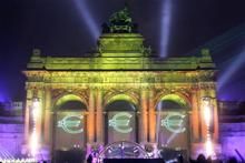 Euro logos are projected onto the Cinquantenaire monument in Brussels January 1, 2002 