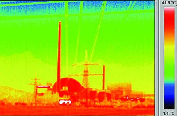 An image taken with a thermographic or infrared camera shows the reactor building of the EnBW nuclea