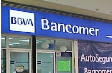 A BBVA Bancomer logo is seen on a bank branch