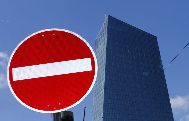 A 'No Entry' sign stands in front of the headquarters of the European Central Bank in Frankfurt