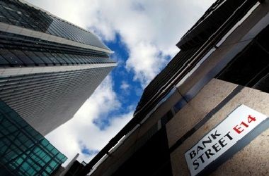 A sign for Bank Street is pictured in the Canary Wharf financial district
