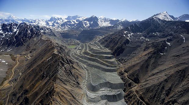 An aerial view of Anglo American’s Los Bronces copper mine with several glaciers in the background at Los Andes Mountain range, near Santiago city
