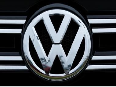 A Volkswagen logo is seen on the front of a Volkswagen vehicle at a dealership in Carlsbad, California