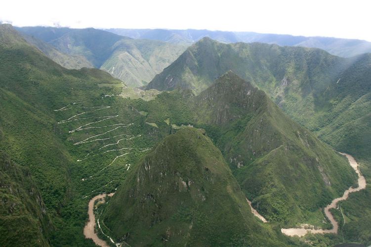 An aerial view of the Machu Picchu ruins is seen during a flight over the flooded areas in Cuzco