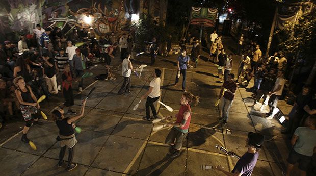 Jugglers perform at a square called Circo do Beco (Circus of the Alley), at the Vila Madalena neighborhood of Sao Paulo 