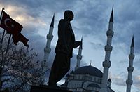 A statue of modern Turkey’s founder Ataturk and a mosque in the background in Kirikkale, central Turkey