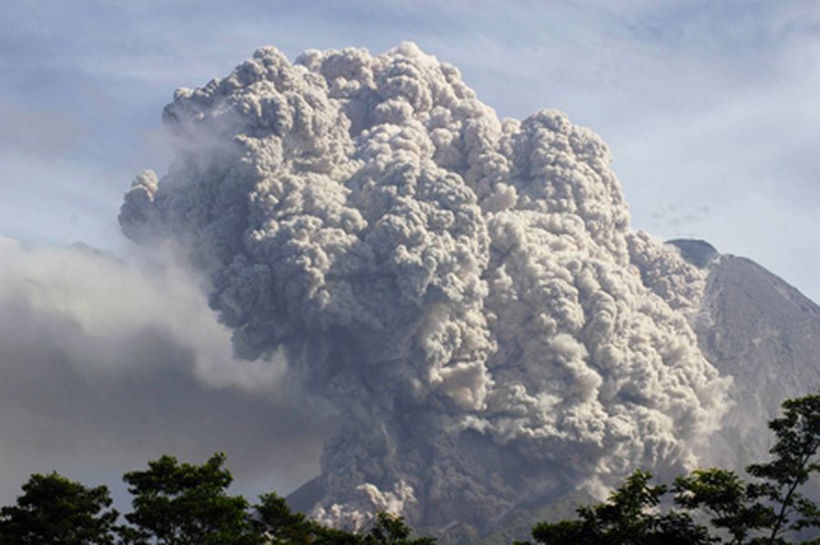 Mount Merapi volcano erupts, as seen from Mungkid village in Magelang in Indonesia's central Java pr