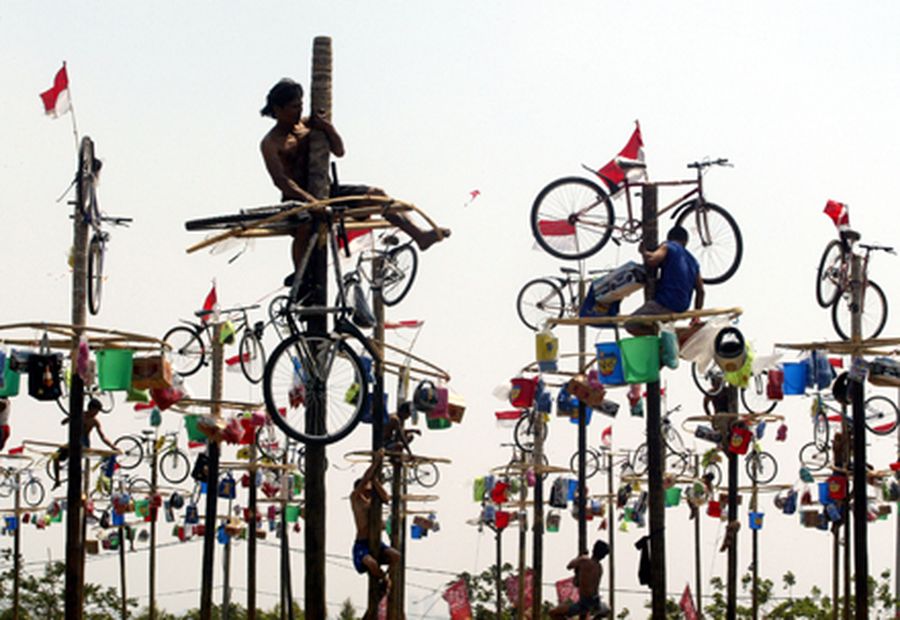 Indonesian men try to grab bicycles and other prizes hung on top of greased poles in Jakarta 